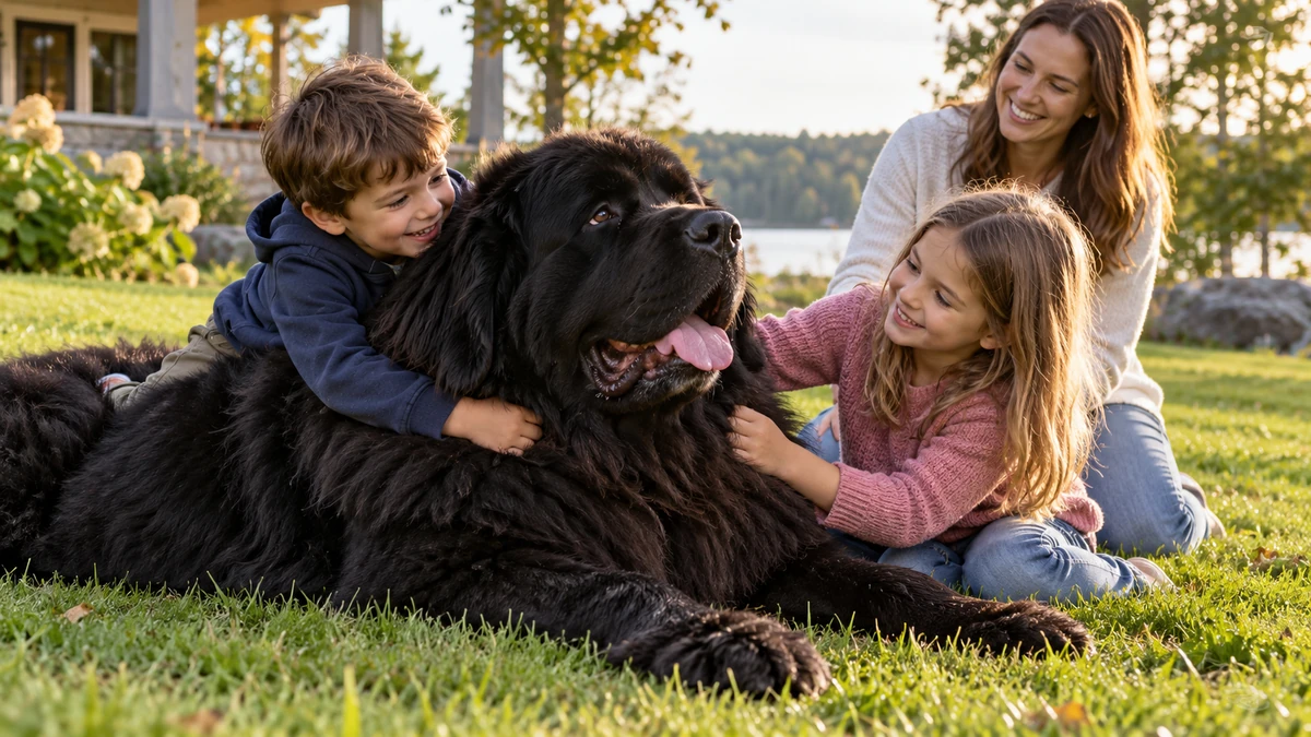 Newfoundland Köpek köpek — sahibinin kucağında